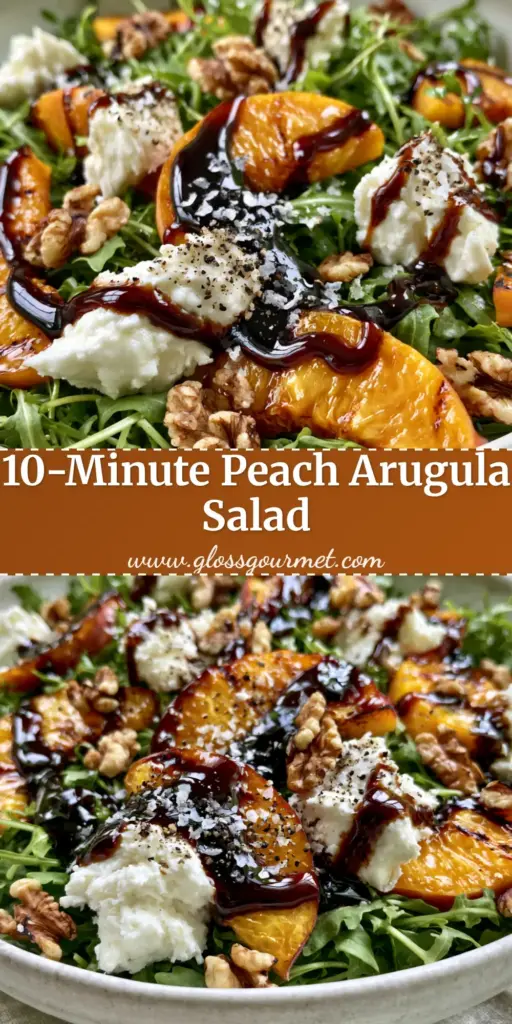 Peach Arugula Salad with Grilled Peaches and Thick Balsamic Glaze 4 A vibrant Peach Arugula Salad in a matte white bowl featuring charred orange peach slices, creamy goat cheese crumbles, and a glossy balsamic glaze drizzle.