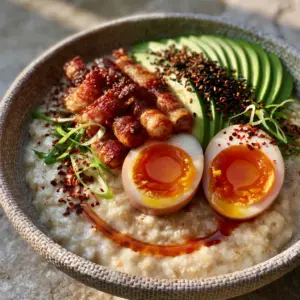 A handheld smartphone photo showing a textured ceramic bowl of creamy oats with two jammy egg halves and crispy bacon. (breakfast recipes)