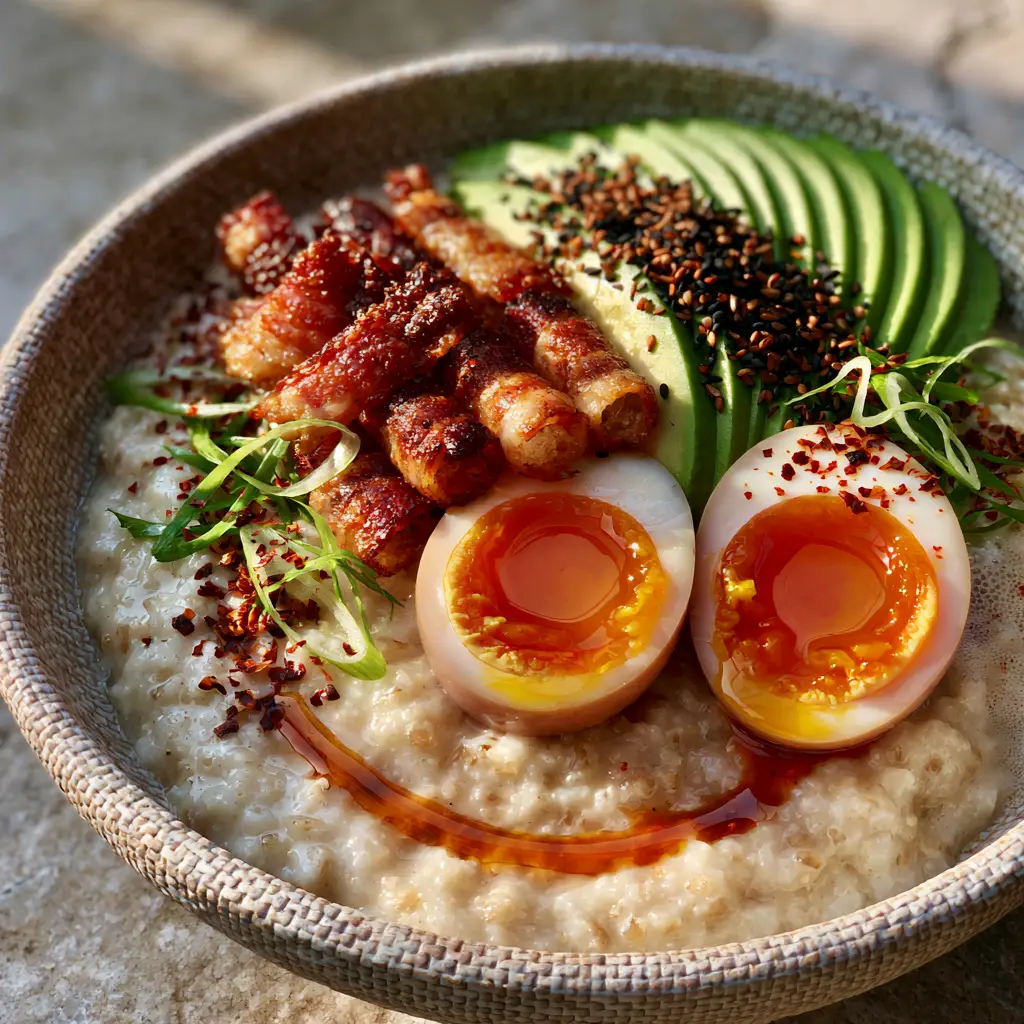 A handheld smartphone photo showing a textured ceramic bowl of creamy oats with two jammy egg halves and crispy bacon. (breakfast recipes)