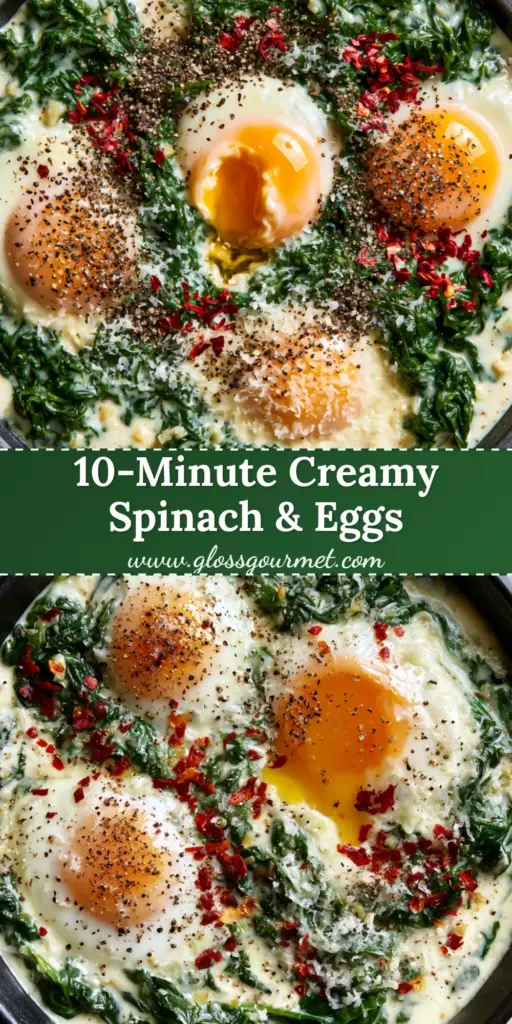 Creamy Spinach and Eggs: A Luxurious Cast Iron Skillet Breakfast 4 A top-down view of Creamy Spinach and Eggs in a matte black cast iron skillet with runny orange yolks and parmesan shavings.