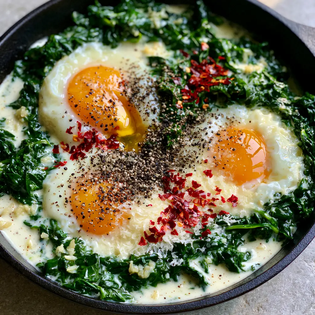 Creamy Spinach and Eggs: A Luxurious Cast Iron Skillet Breakfast 2 Extreme close-up of Creamy Spinach and Eggs showing the vibrant emerald greens and ivory cream sauce.