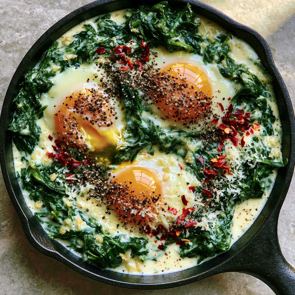 Creamy Spinach and Eggs: A Luxurious Cast Iron Skillet Breakfast 1 Close-up of a runny orange egg yolk nestled in Creamy Spinach and Eggs garnished with chili flakes.