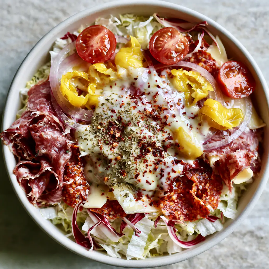 Grinder Salad: The Viral Italian Deli Bowl You Need Today 2 Close up macro shot of Grinder Salad with peppered pepperoni, folded provolone, and herb-speckled creamy dressing. (Grinder Salad)