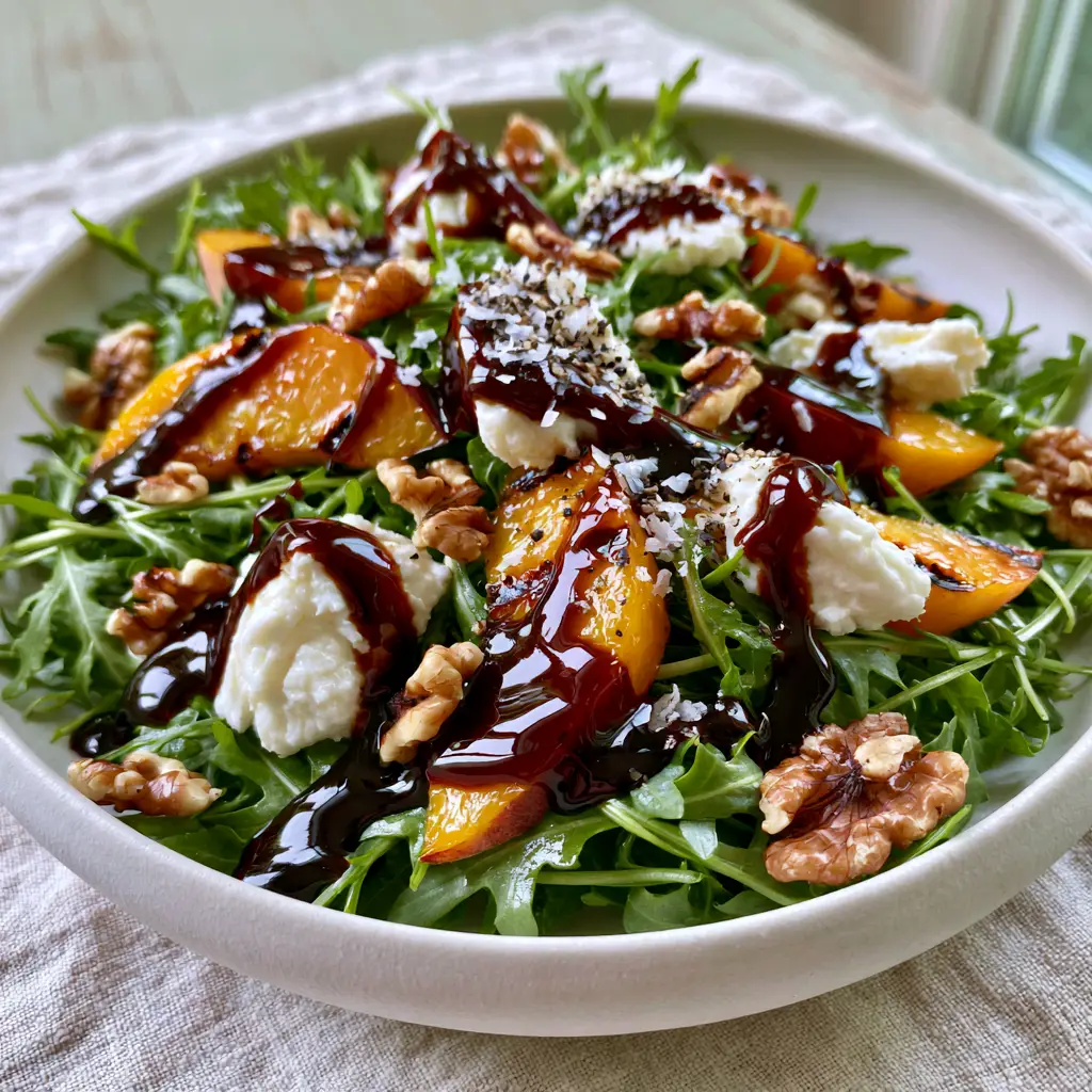 Peach Arugula Salad with Grilled Peaches and Thick Balsamic Glaze 2 Overhead handheld shot of a Peach Arugula Salad with toasted walnuts and balsamic reduction on a pale wooden table.
