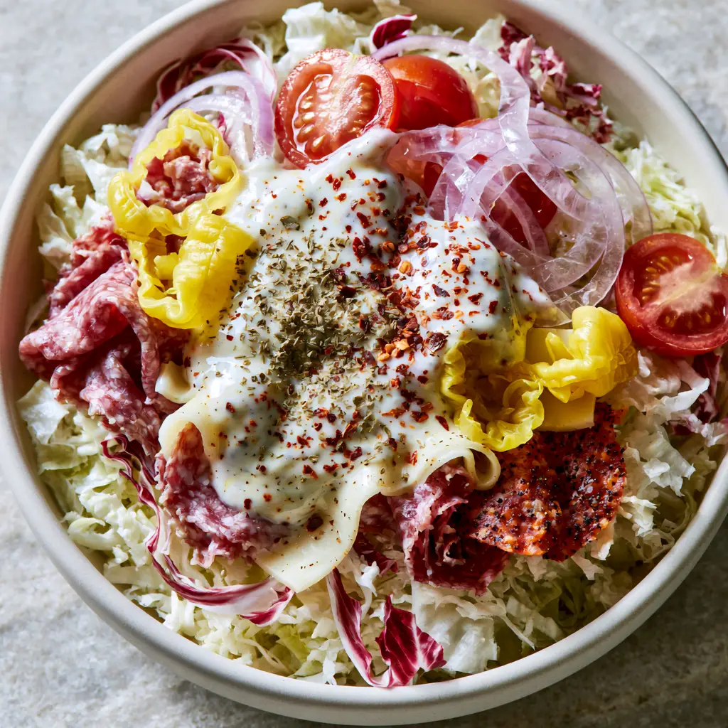 Grinder Salad: The Viral Italian Deli Bowl You Need Today 1 Top-down view of Grinder Salad in a matte white bowl on a stone surface with natural light highlights.