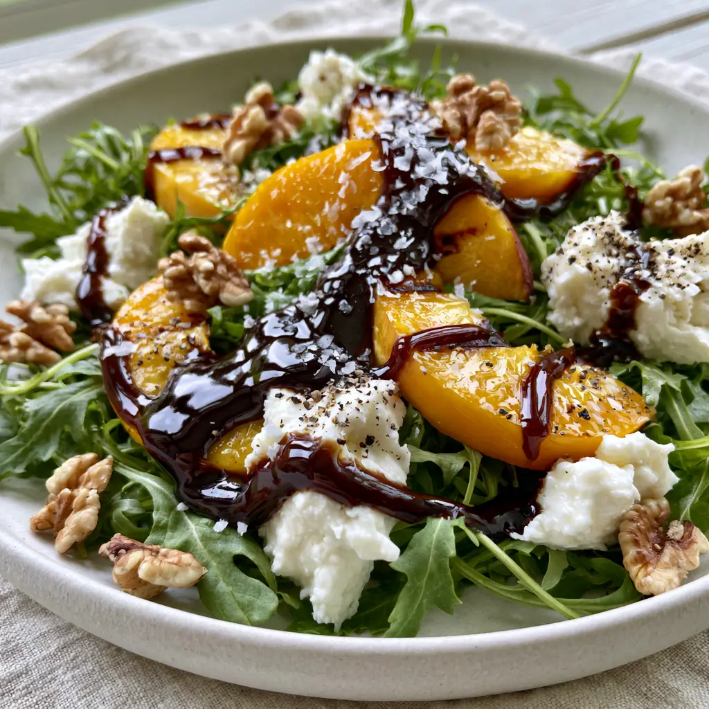 Peach Arugula Salad with Grilled Peaches and Thick Balsamic Glaze 1 Close-up of a Peach Arugula Salad showing the texture of flaky sea salt and cracked black pepper on juicy fruit.
