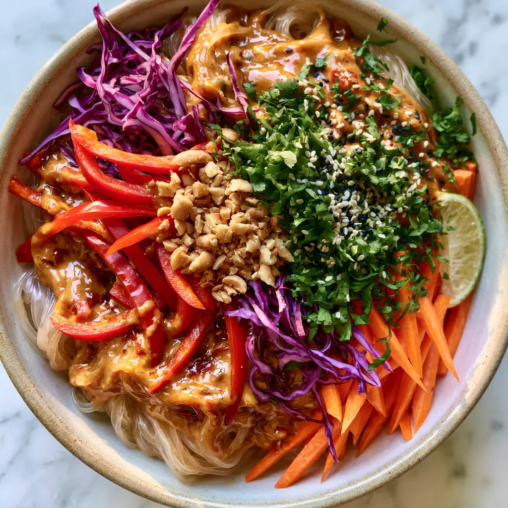 Vegetable Rice Noodle Salad with Creamy Peanut Dressing 2 Close-up of translucent rice noodles coated in a thick, glossy orange peanut sauce with shredded cabbage and carrots. (vegetable rice noodle salad)