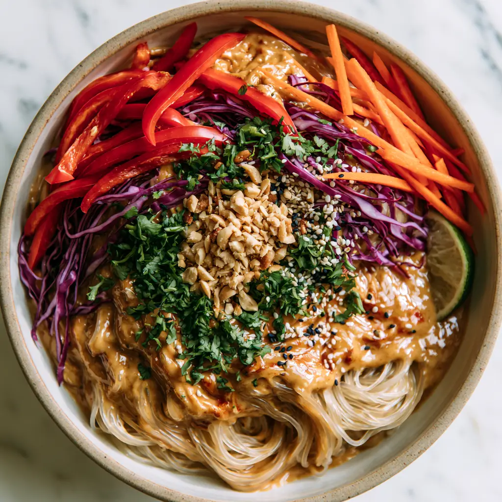 Vegetable Rice Noodle Salad with Creamy Peanut Dressing 1 A large ceramic bowl filled with vegetable rice noodle salad, showing the contrast of purple cabbage, red peppers, and green cilantro.