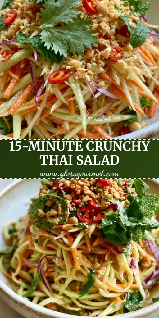 Green Thai Mango Salad: The Ultimate Authentic Crunchy Recipe 4 A high-angle shot of a vibrant green Thai mango salad in a rustic white bowl, featuring julienned mango, carrots, purple shallots, and crushed peanuts.