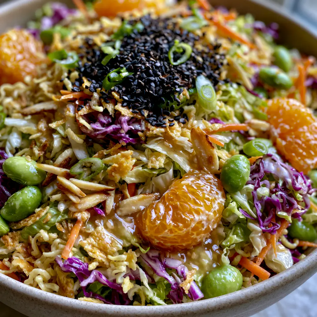 Ramen Noodle Salad: The Ultimate Crunchy Asian Slaw with Sesame Ginger Dressing 2 Extreme close-up of crunchy Ramen Noodle Salad with golden toasted shards and bright edamame. (Ramen Noodle Salad)