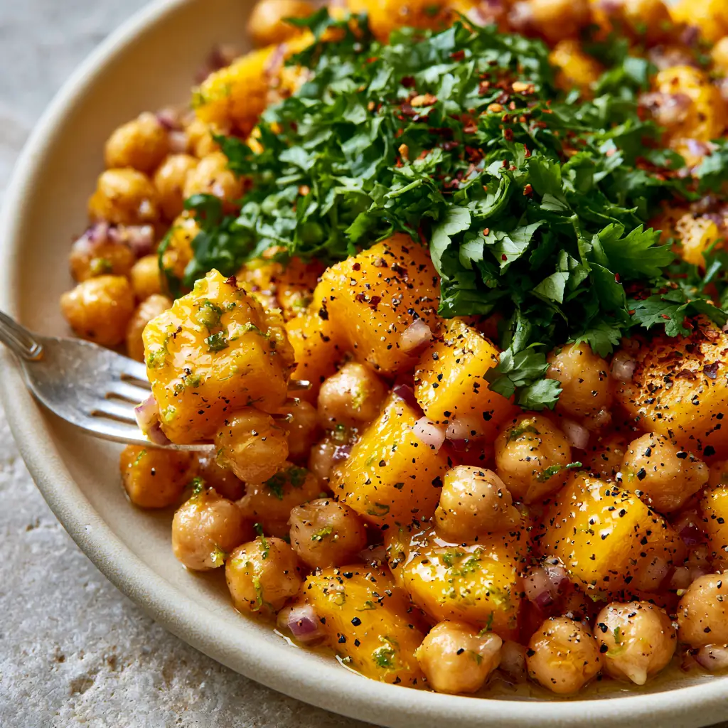 Mango Chickpea Salad with Glossy Lime Vinaigrette 2 Extreme macro close-up of glossy chickpeas and juicy mango cubes coated in lime zest and black pepper. (mango chickpea salad)