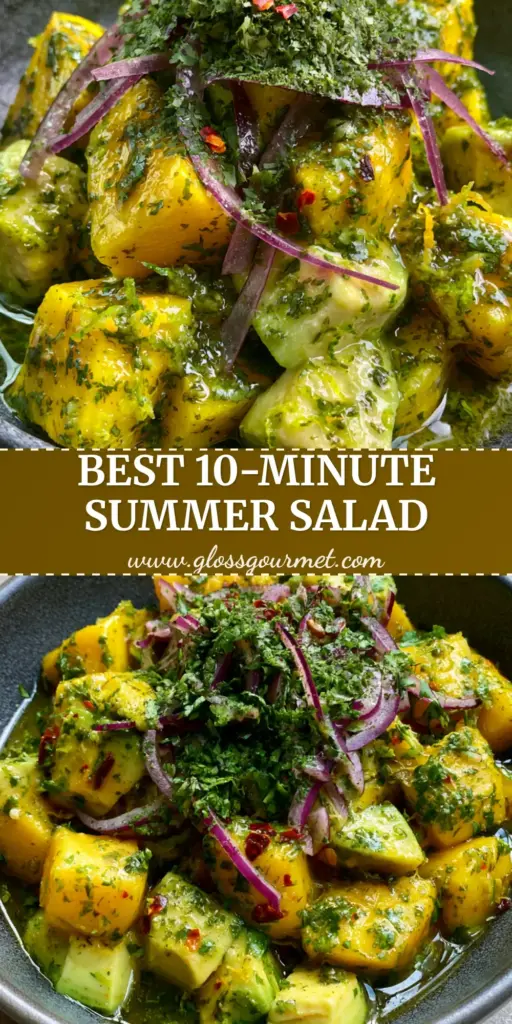 Mango Avocado Salad with Lime Cilantro Vinaigrette 4 A close-up vertical shot of Mango Avocado Salad in a charcoal bowl, highlighting the glossy lime-cilantro dressing and red chili flakes.