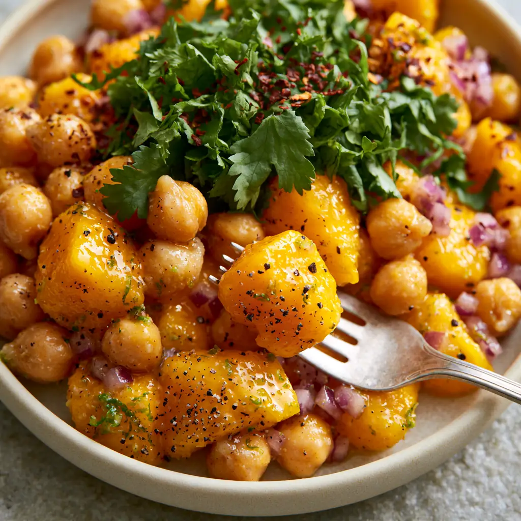 Mango Chickpea Salad with Glossy Lime Vinaigrette 1 A silver fork lifting a bite-sized portion of mango chickpea salad showing the firm texture of the ingredients.