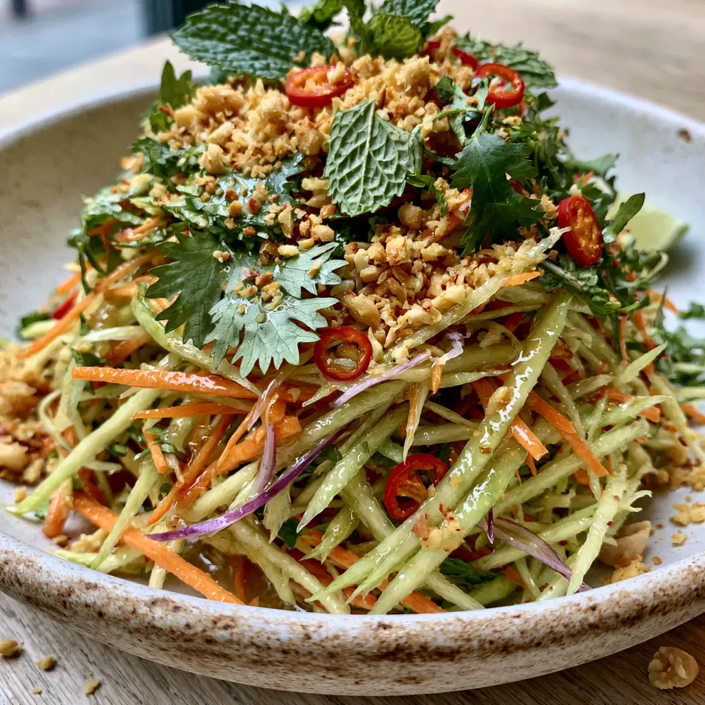Green Thai Mango Salad: The Ultimate Authentic Crunchy Recipe 2 A handheld smartphone photo showing a mountain of green Thai mango salad with glossy dressing and red bird eye chilis.