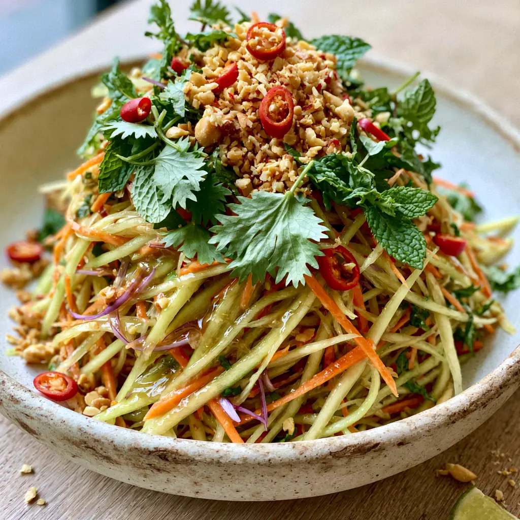 Green Thai Mango Salad: The Ultimate Authentic Crunchy Recipe 1 Detailed view of shredded green mango, carrots, and purple shallots in a green Thai mango salad.