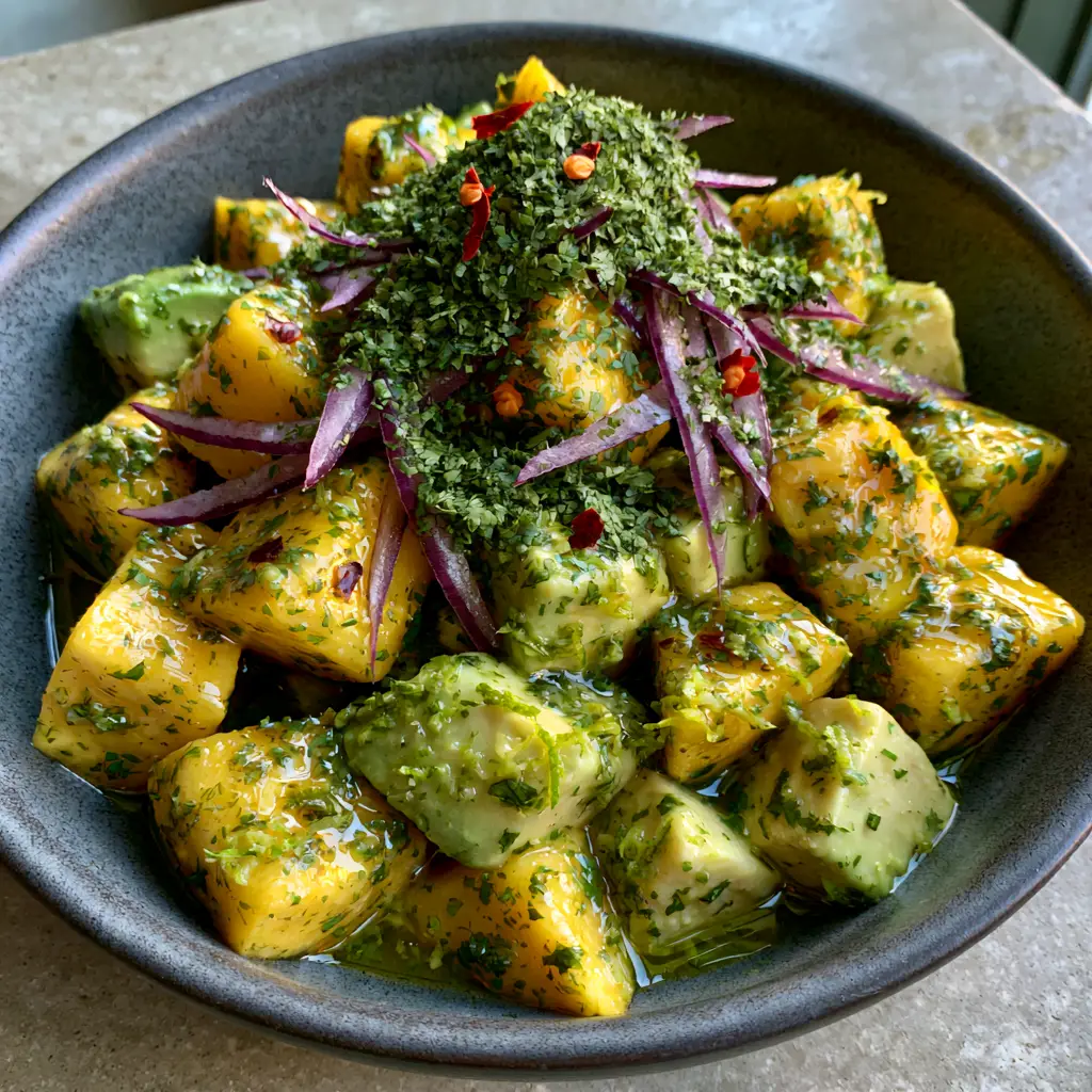 Mango Avocado Salad with Lime Cilantro Vinaigrette 2 Overhead handheld photo of Mango Avocado Salad featuring golden mango cubes and pale green avocado in a matte charcoal bowl.