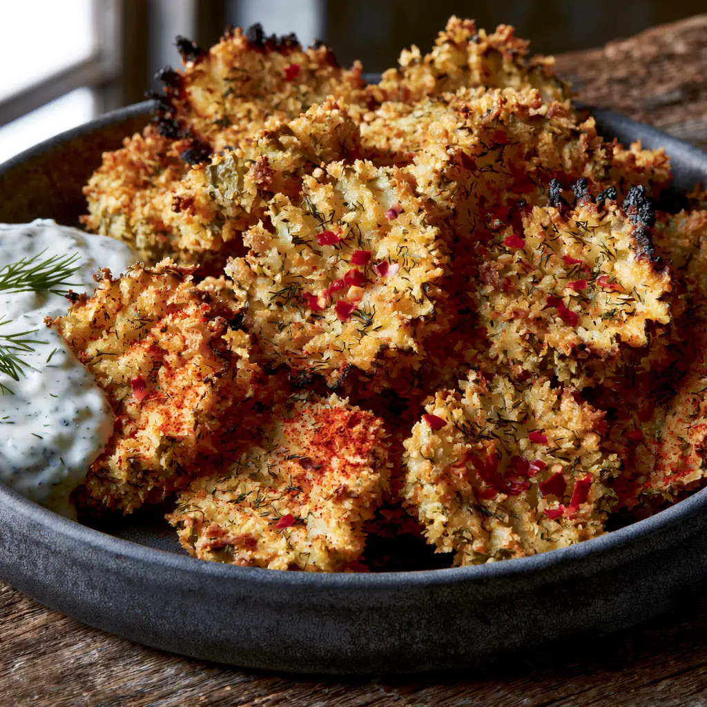 Spicy Dill Pickle Chips: The Ultimate Ultra-Crunchy Panko Recipe 2 Extreme close-up of spicy dill pickle chips showing the jagged panko texture and visible red chili flakes.