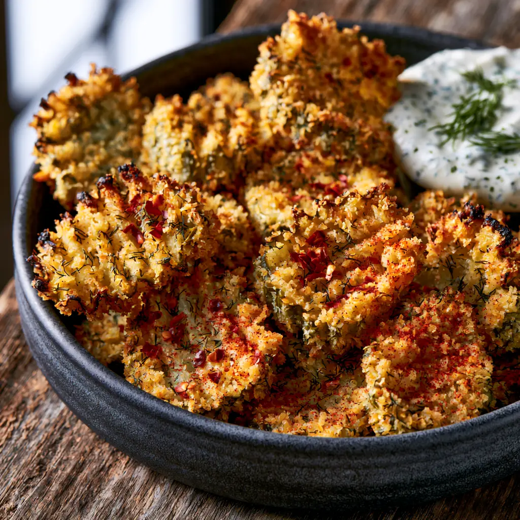 Spicy Dill Pickle Chips: The Ultimate Ultra-Crunchy Panko Recipe 1 A pile of ultra-crunchy crinkle-cut pickle chips in a matte charcoal ceramic bowl with a side of ranch dip.