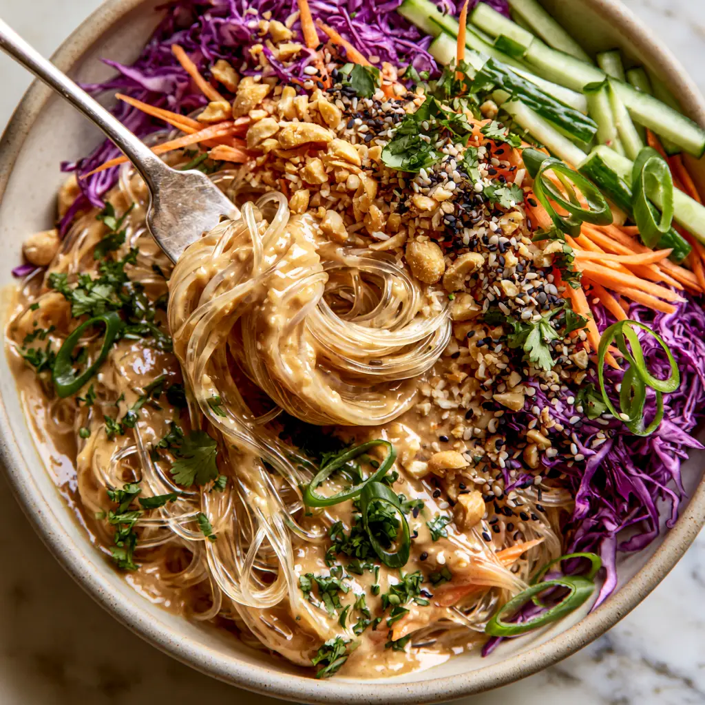 No Cook Noodle Salad with Creamy Peanut Ginger Dressing 2 Top-down macro shot of an Asian glass noodle salad in a ceramic bowl with peanut dressing and julienned vegetables. (No Cook Noodle Salad)