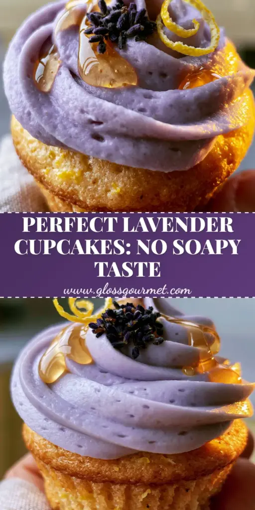 Lavender Cupcakes with Lemon Zest and Honey Buttercream 4 A close-up of gourmet lavender cupcakes with pastel purple honey buttercream and a glistening honey drizzle. (lavender cupcakes)