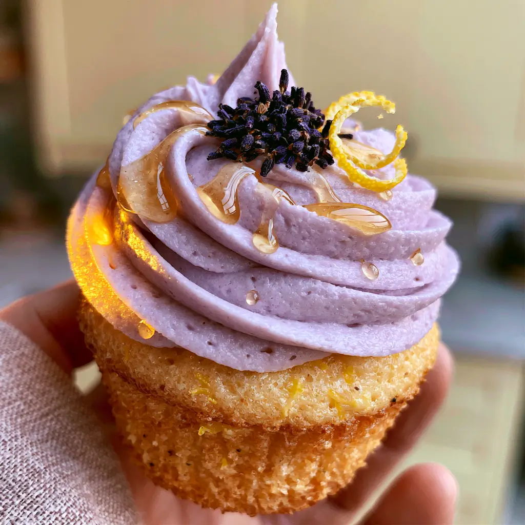 Lavender Cupcakes with Lemon Zest and Honey Buttercream 2 Macro photo of a single lavender cupcake held in a linen napkin, showing lemon zest specks and purple frosting. (lavender cupcakes)
