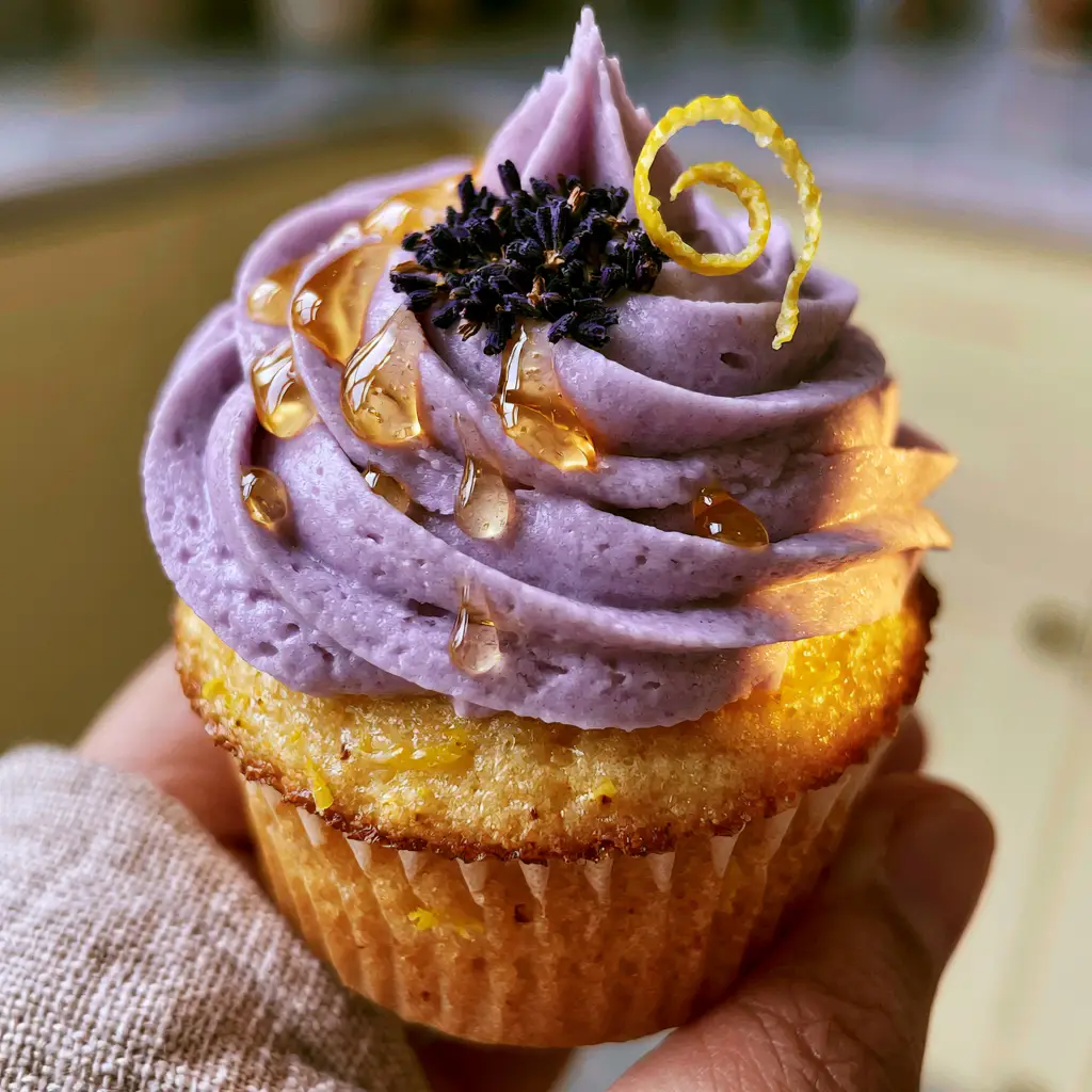Lavender Cupcakes with Lemon Zest and Honey Buttercream 1 Detailed view of architectural purple buttercream swirl with golden honey droplets and lavender buds. (lavender cupcakes)
