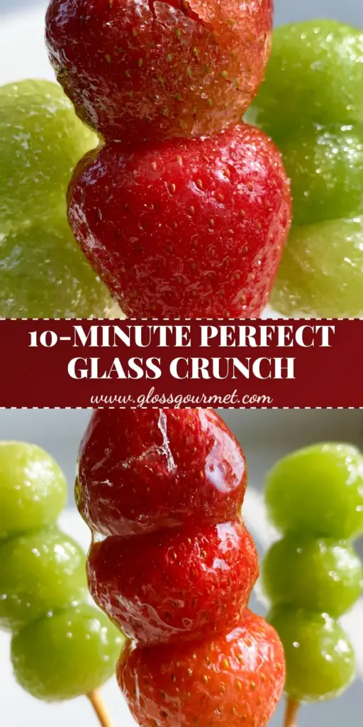 Tanghulu Recipe: The Ultimate Secret to Crystal-Clear Candied Fruit 4 A close-up shot of three Tanghulu skewers featuring jumbo strawberries and green grapes with a thin, glass-like sugar coating on a marble background. (Tanghulu)