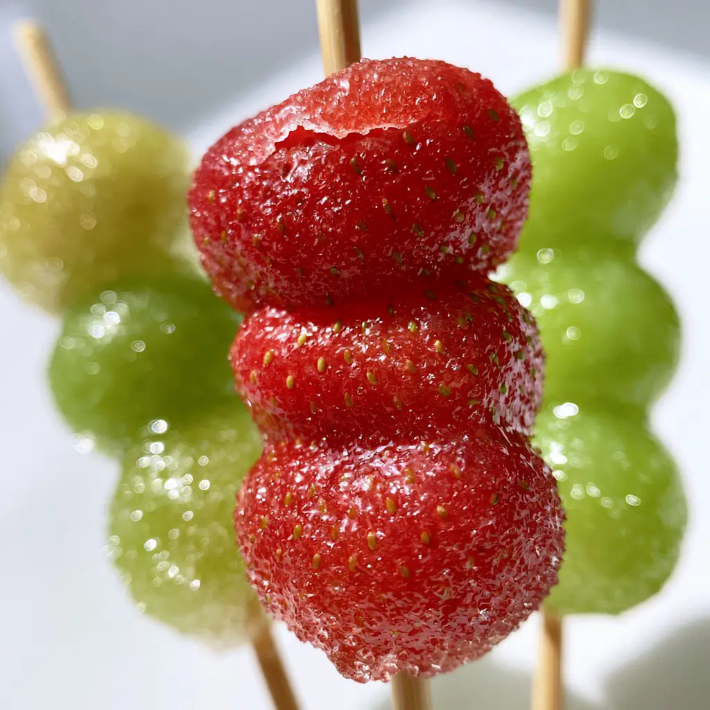 Tanghulu Recipe: The Ultimate Secret to Crystal-Clear Candied Fruit 2 A handheld smartphone photo of Tanghulu skewers held in a bright kitchen, showing the microscopic sugar glaze and natural fruit texture. (Tanghulu)