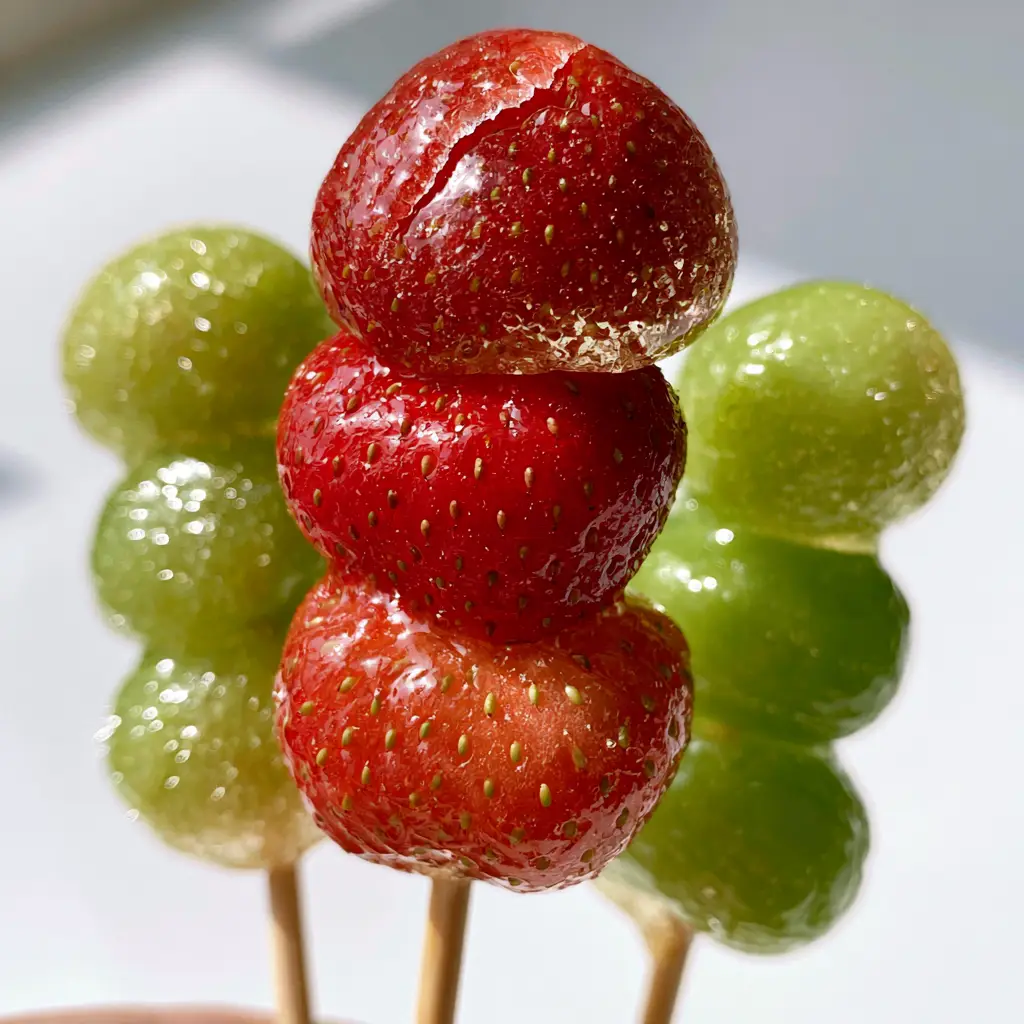 Tanghulu Recipe: The Ultimate Secret to Crystal-Clear Candied Fruit 1 Extreme close-up of Tanghulu strawberries with a visible delicate crack in the sugar shell, showcasing the shatter-like texture.