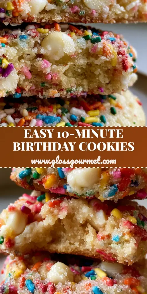 Birthday Cake Cookies: The Ultimate Thick and Soft-Baked Rainbow Treat 4 A stack of three thick birthday cake cookies with rainbow sprinkles and melted white chocolate chips on a neutral plate.