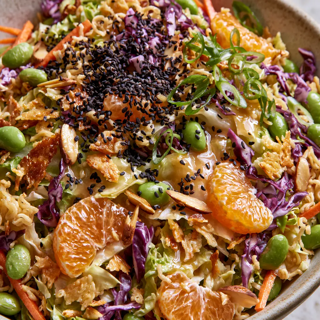Ramen Noodle Salad: The Ultimate Crunchy Asian Slaw with Sesame Ginger Dressing 1 Top-down view of a vibrant Ramen Noodle Salad showcasing purple cabbage, carrots, and black sesame seeds. (Ramen Noodle Salad)