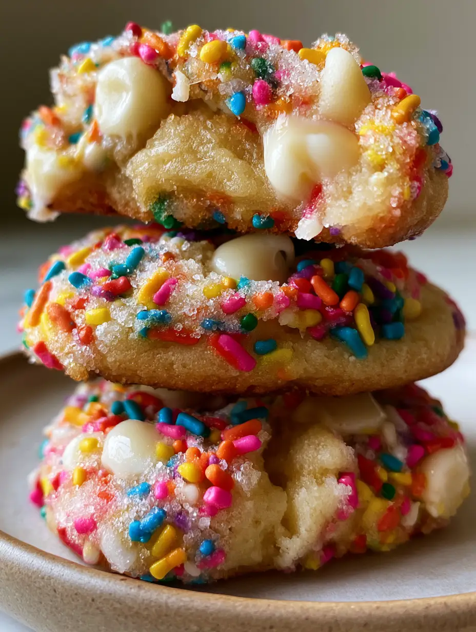 Birthday Cake Cookies: The Ultimate Thick and Soft-Baked Rainbow Treat 3 Macro photo of birthday cake cookies showing the sugary crystalline texture and glistening white chocolate chips.