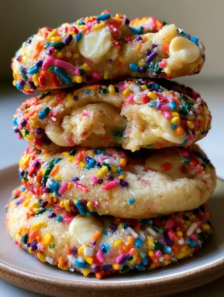 Birthday Cake Cookies: The Ultimate Thick and Soft-Baked Rainbow Treat 1 A broken birthday cake cookie revealing a moist doughy interior center and golden-brown edges.