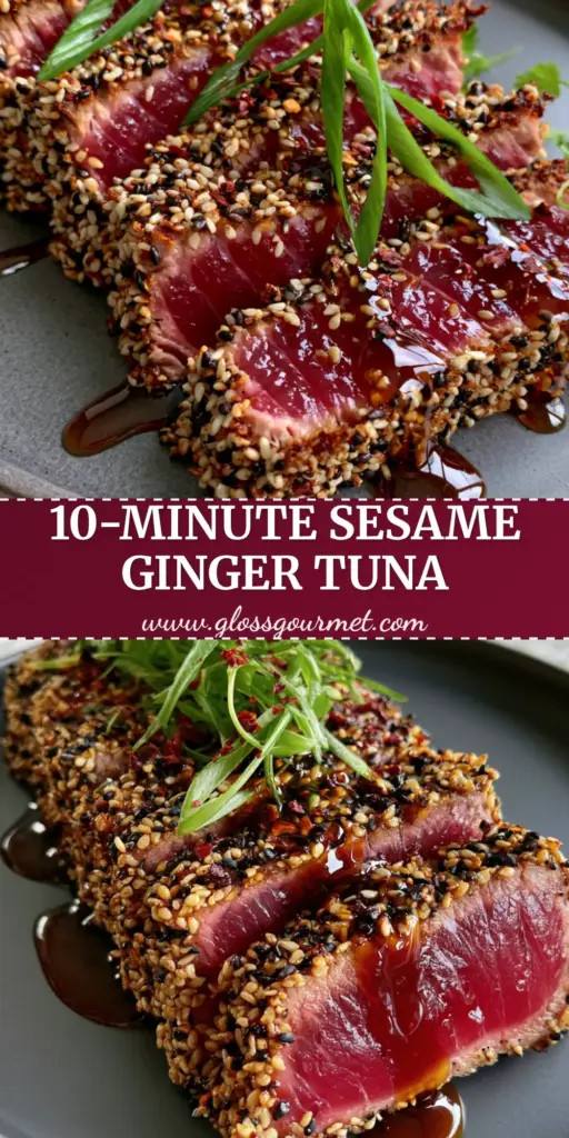 Sesame Ginger Tuna Steak: The Ultimate 15-Minute Gourmet Dinner 3 A vertical Pinterest-style photo of a Sesame Ginger Tuna Steak sliced into thick medallions showing a rare pink center and a crunchy sesame crust.