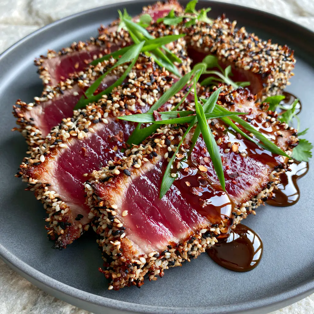 Sesame Ginger Tuna Steak: The Ultimate 15-Minute Gourmet Dinner 2 A close-up of Sesame Ginger Tuna Steak medallions revealing a vibrant ruby-pink center and a dense toasted sesame crust on a dark slate platter.