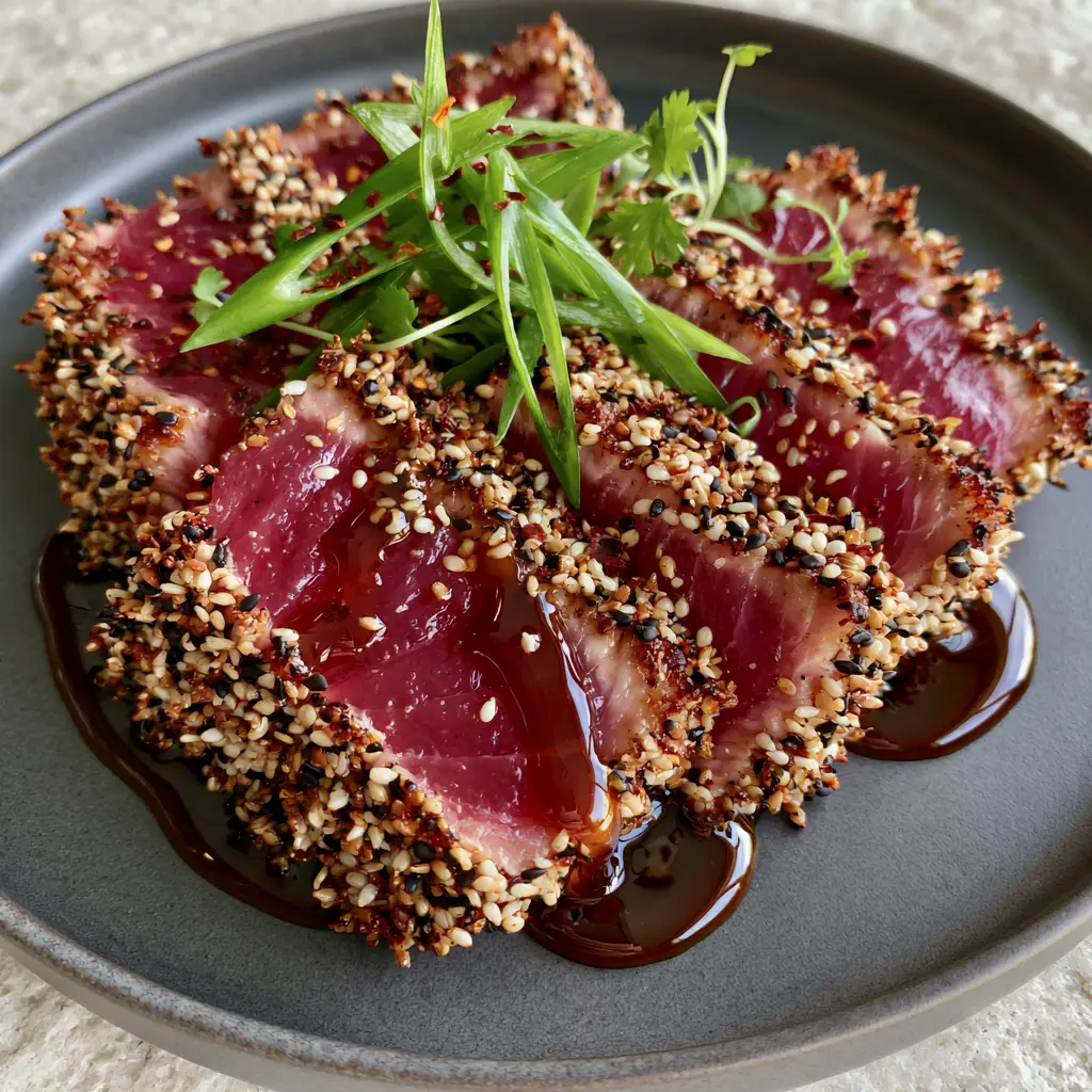 Sesame Ginger Tuna Steak: The Ultimate 15-Minute Gourmet Dinner 1 Sesame Ginger Tuna Steak drizzled with a thick, glossy, dark amber ginger soy glaze and garnished with fresh green scallions.