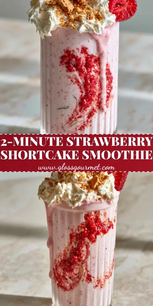 Strawberry Shortcake Smoothie: The Ultimate High-Protein Dessert-Inspired Breakfast 4 A thick, pale pink Strawberry Shortcake Smoothie in a ribbed glass with vibrant red jam swirls and toasted graham cracker crumbs.