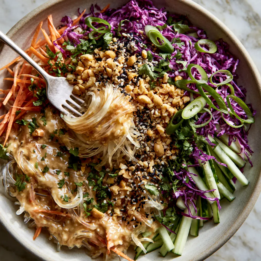 No Cook Noodle Salad with Creamy Peanut Ginger Dressing 1 A silver fork lifting a swirl of translucent glass noodles from a vibrant salad bowl. (No Cook Noodle Salad)