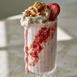 A close-up of a Strawberry Shortcake Smoothie showing vanilla bean flecks and a messy whipped cream dollop with golden crumbs.