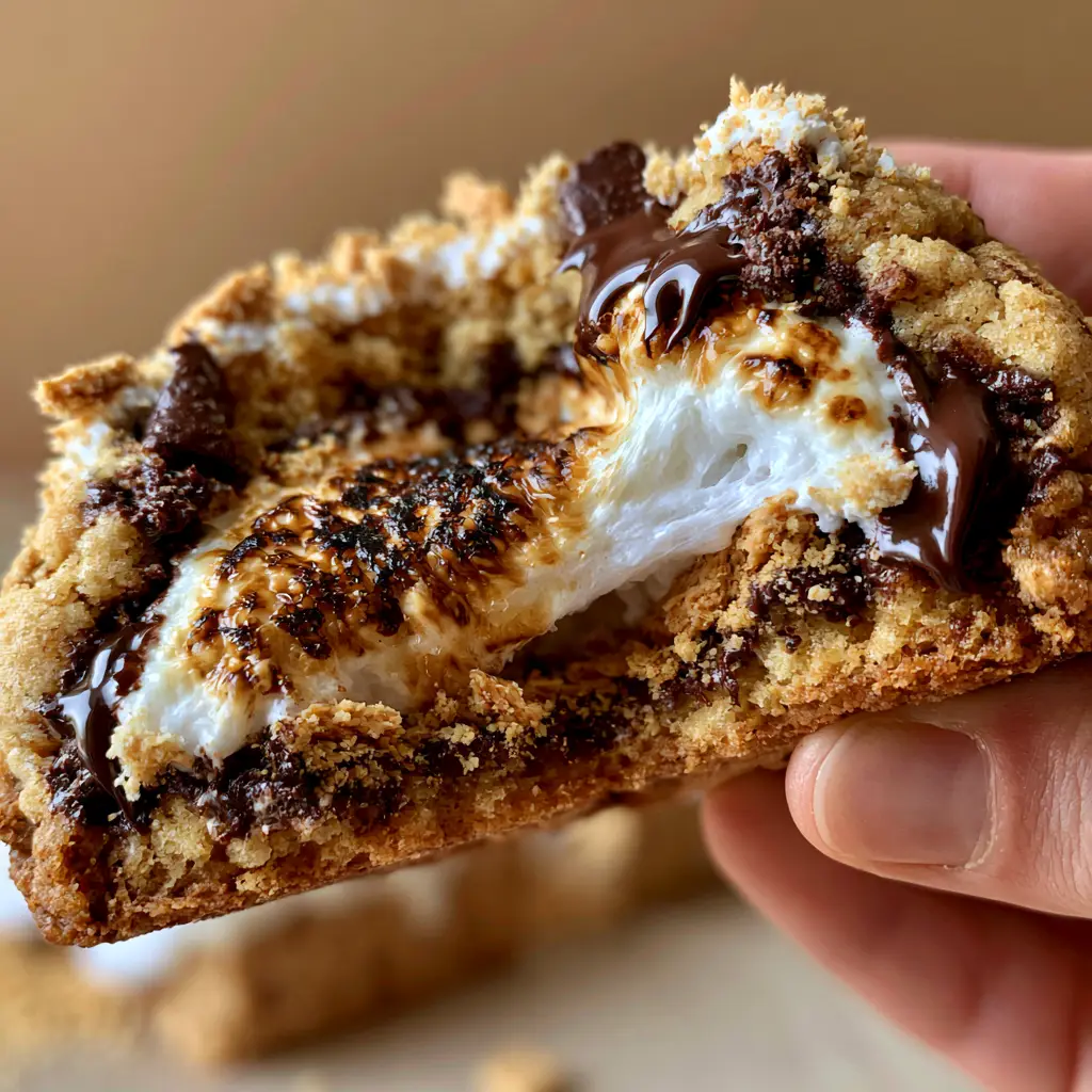 S'mores chocolate chip cookies: The Ultimate Gooey Marshmallow Core Guide 2 Handheld photo of a thick gourmet S'mores chocolate chip cookie with melted dark chocolate chunks and graham cracker dust.