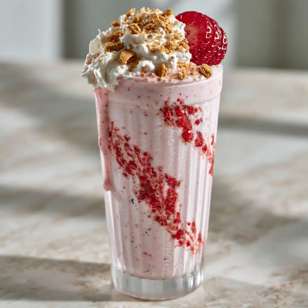Strawberry Shortcake Smoothie: The Ultimate High-Protein Dessert-Inspired Breakfast 1 A Strawberry Shortcake Smoothie on a marble countertop with a slight pink drip down the side of a frosted glass.