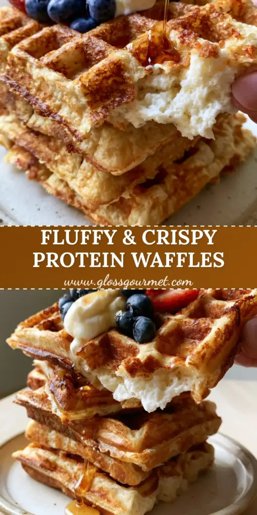 Greek Yogurt Waffles: The Secret to Crispy, Protein-Packed Belgian Stacks 4 A tall stack of four crispy Greek Yogurt Waffles topped with fresh berries, a dollop of yogurt, and a syrup drizzle.