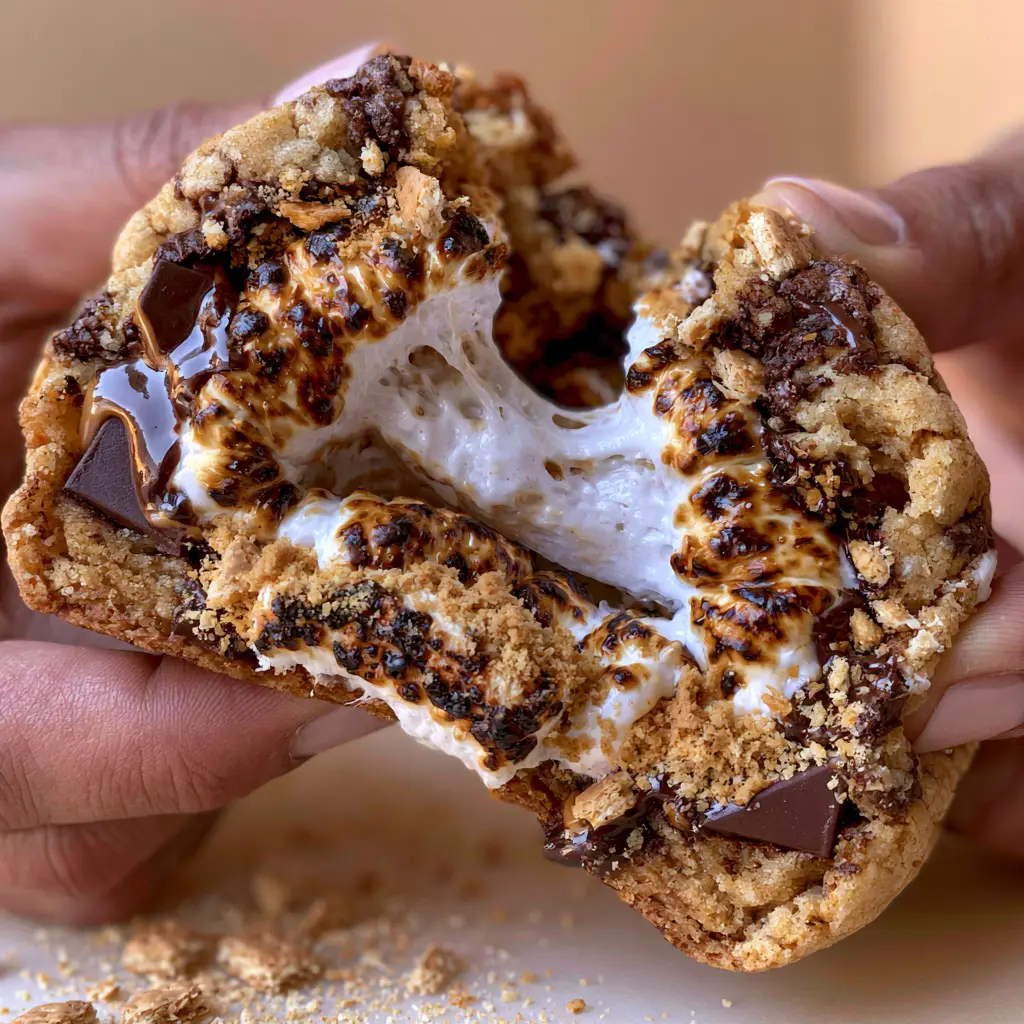 S'mores chocolate chip cookies: The Ultimate Gooey Marshmallow Core Guide 1 Close-up of toasted golden-brown marshmallow edges inside a soft chocolate chip cookie.