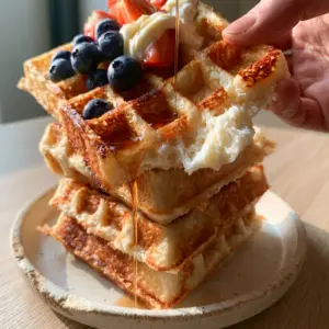 Smartphone photo of a stack of Greek Yogurt Waffles being lifted to reveal a steaming fluffy interior.