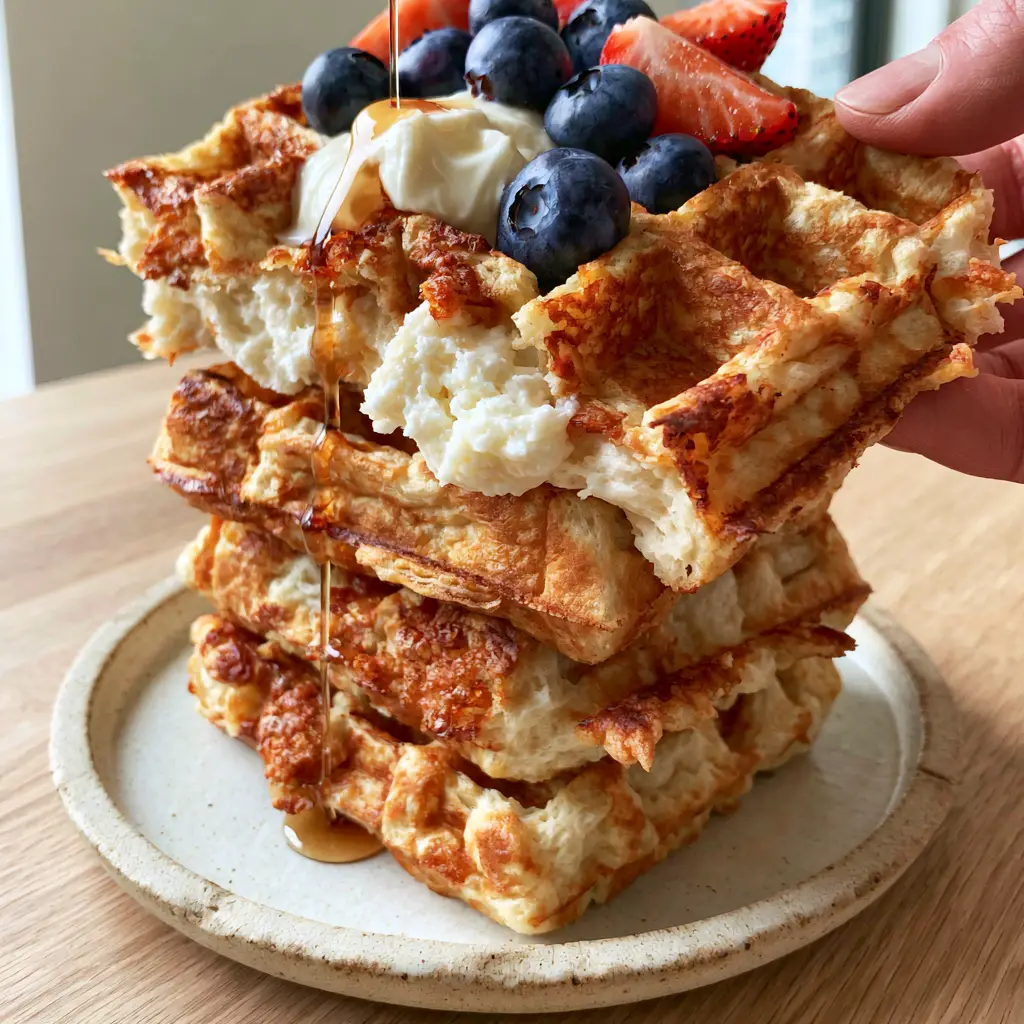 Greek Yogurt Waffles: The Secret to Crispy, Protein-Packed Belgian Stacks 1 Close up of Greek Yogurt Waffles with a glistening amber maple syrup drizzle and vibrant blueberries.