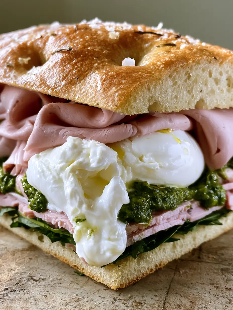 Italian Focaccia Sandwich with Creamy Burrata and Silky Mortadella 3 Close-up cross-section of an Italian Focaccia Sandwich showing the airy mortadella layers and dripping burrata cheese.