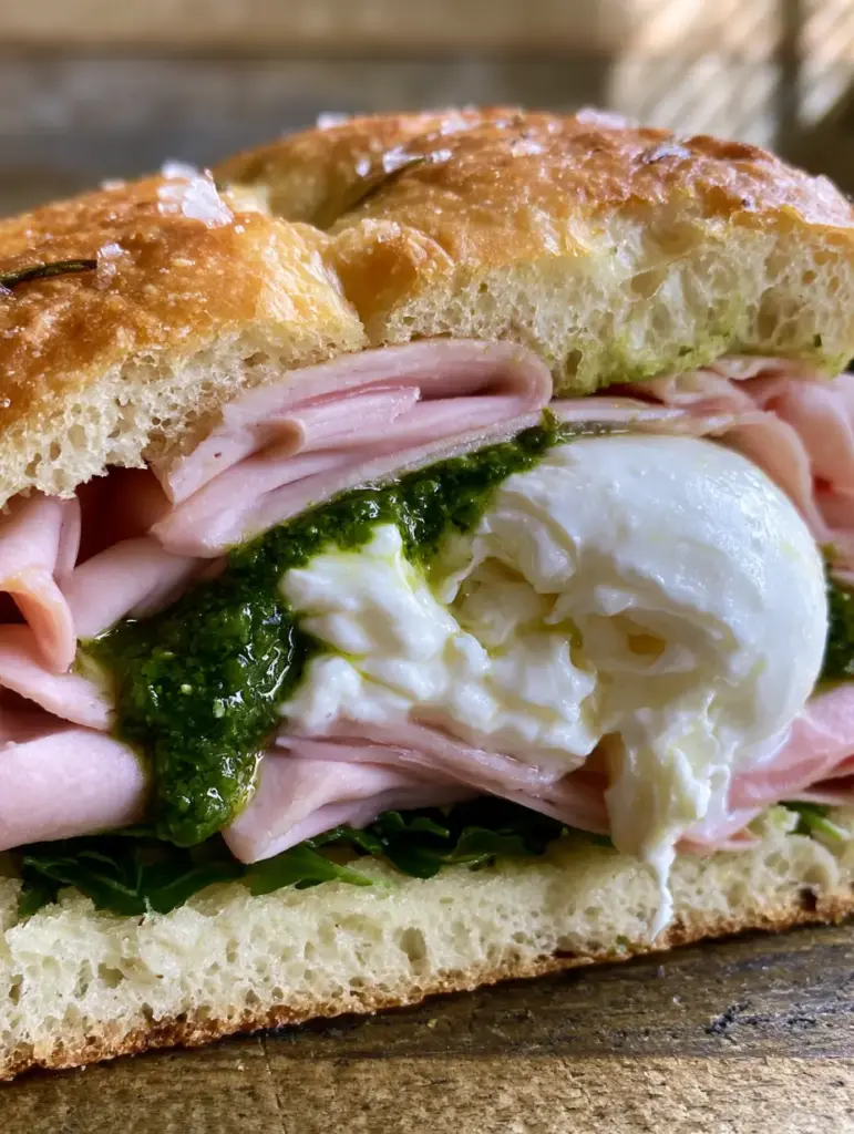 Italian Focaccia Sandwich with Creamy Burrata and Silky Mortadella 1 Overhead view of a dimpled herbed focaccia sandwich with fresh pesto and baby arugula.