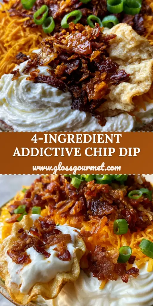 Chip Dip with Loaded Bacon and Sharp Cheddar (The Ultimate Party Appetizer) 4 A close-up shot of a thick chip dip with a massive glob on a wavy potato chip, topped with bacon and cheddar.