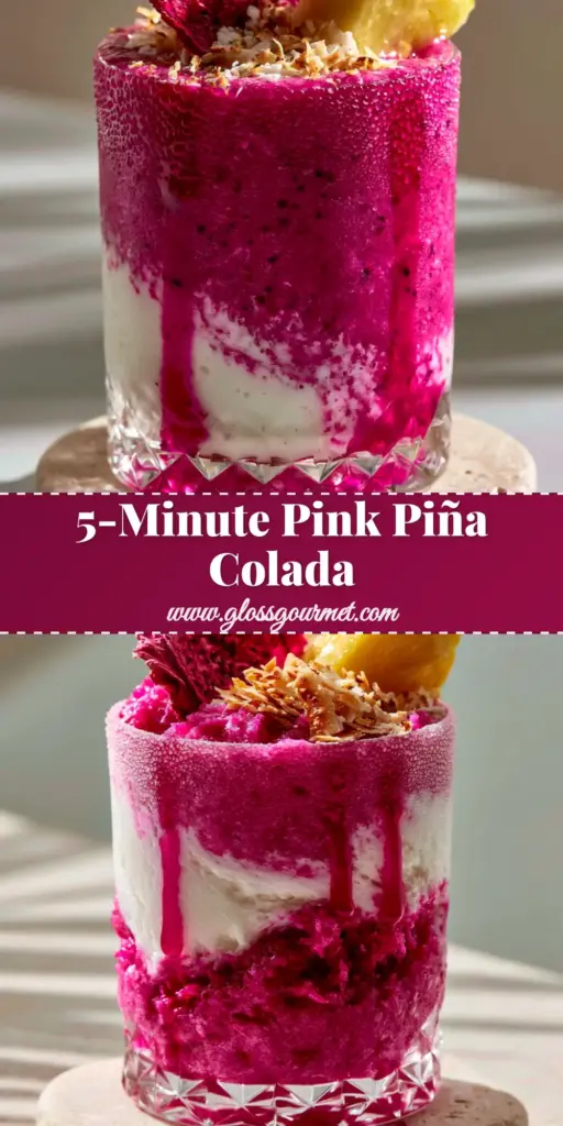 Dragon Fruit Colada: The Ultimate Vibrant Pink Pitaya Escape 4 A close-up of a vibrant pink Dragon Fruit Colada with thick magenta puree and creamy white coconut swirls in a crystal glass.