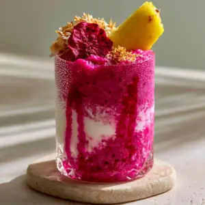 Handheld smartphone photo of a Dragon Fruit Colada featuring deep pink syrup ribbons and a yellow pineapple wedge garnish.